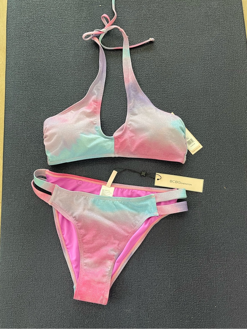 BCBGeneration Pastel  Halter Bikini - Pink, Mint, Lavender silver Shimmer 
Med